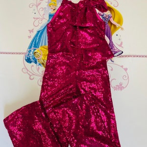 Hot pink sparkly jumpsuit Pageant outfit Girls sequins jumpsuit Fuchsia fun fashion girls jumpsuit Custom pageant party glitter romper