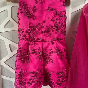 Fun Fashion Hot pink girls outfit Pageant pink runway Pageant outfit with train Custom romper jumpsuit outfit with pink glitter sequins