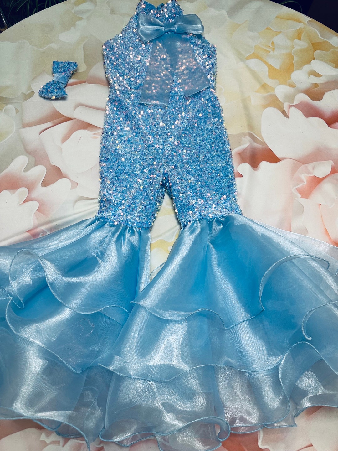 Baby Blue Sparkly Jumpsuit Pageant Outfit Girls Sequins Organza Light