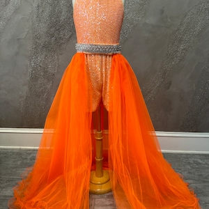 Orange party jumpsuit skirt Pageant runway outfit Girls sequins romper Orange fun fashion girls wear Custom pageant sparkly feathers outfit