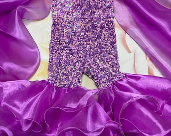 Purple Violet sparkly jumpsuit Pageant outfit Girls sequins organza Fun fashion girls jumpsuit Custom pageant party glitter fluffy wear