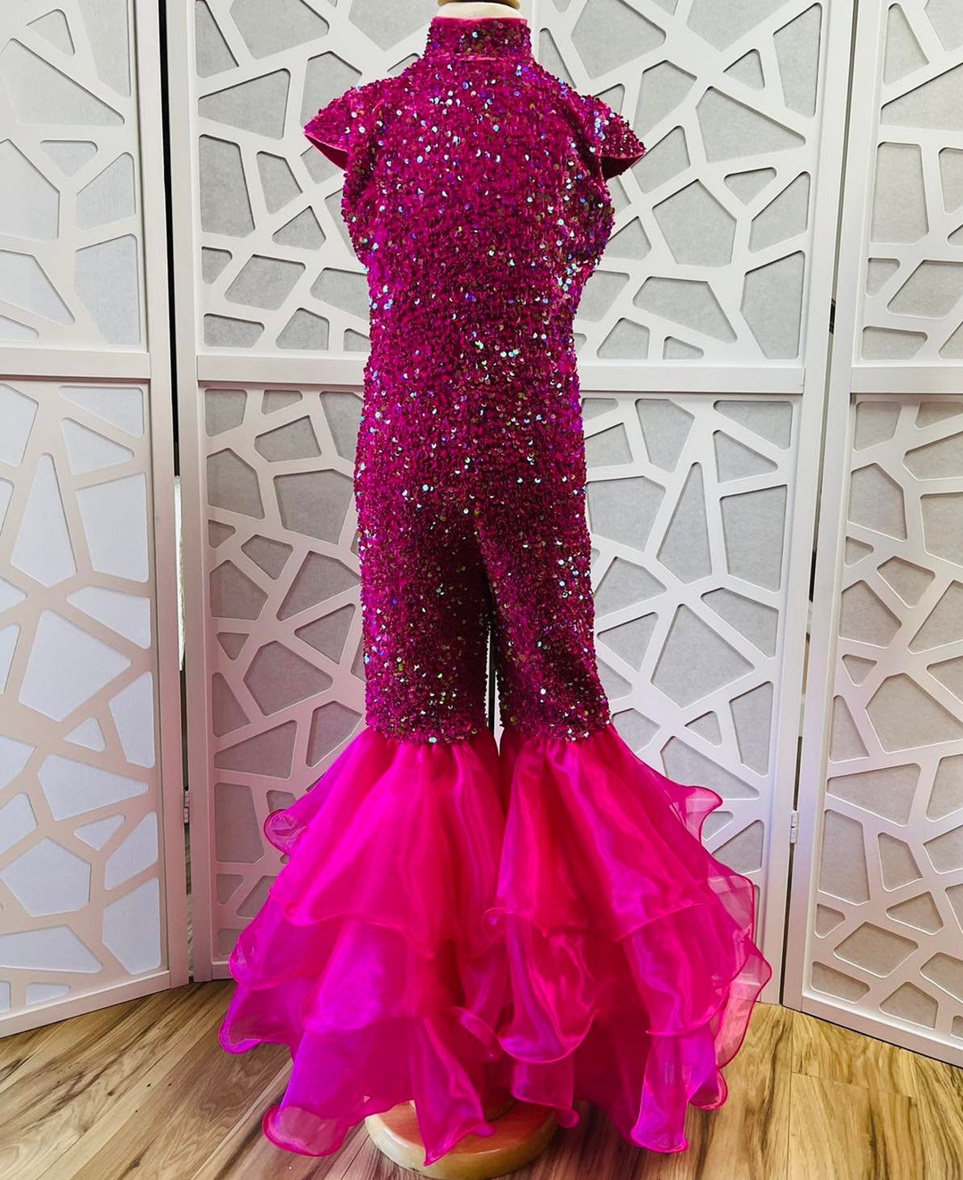 Hot Pink Sparkly Jumpsuit Pageant Outfit Girls Sequins Organza Fuchsia ...