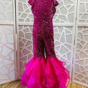 Hot pink sparkly jumpsuit Pageant outfit Girls sequins organza Fuchsia fun fashion girls jumpsuit Custom pageant party glitter fluffy romper