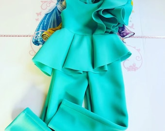 Mint aqua turquoise interview jumpsuit Pageant outfit Girls neoprene jumpsuit Mint fun fashion Custom pageant girls ruffles peplum romper