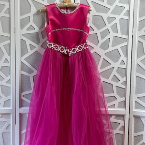 Fun Fashion Hot Pink girls outfit Pageant pink dress Pink runway outfit Pageant outfit with train Custom Pageant dress Pink outfit with dots
