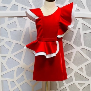 Vestido vermelho branco para meninas, vestido para concurso, vestido de cetim para meninas com peplum, roupa para concurso, vestido personalizado de cetim para meninas com babados