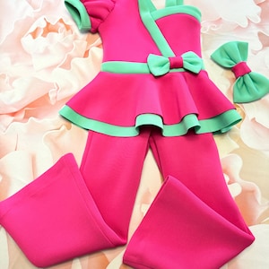 Unique mint hot peplum outfit Pageant Girls neoprene casual wear peplum romper teal mint girls scuba wear Custom pageant party sleeve suit