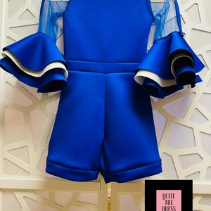 Royal blue jumpsuit romper Pageant outfit Girls neoprene sleeve casual wear blue white girls fun fashion Custom unique ruffles scuba rompers