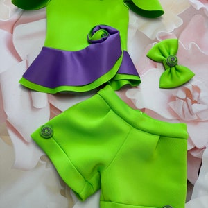Unique lime green 2 pieces outfit Pageant Girls neoprene casual wear purple peplum romper girls wear Custom pageant party short suit