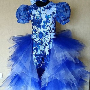 May include: A blue and white floral print dress with a tulle skirt. The skirt is layered and has a gradient of blue from light to dark. The dress has puffed sleeves and a bow at the waist.