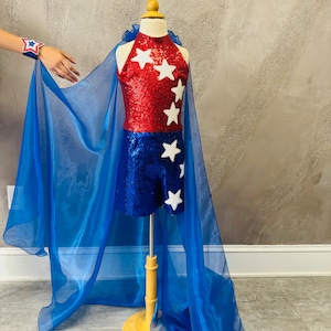 Red White Blue wear with cape Pageant Fun Fashion girls patriotic outfit Custom pageant romper with capes RWB girls sequins sparkly outfit