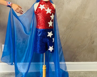 Red White Blue wear with cape Pageant Fun Fashion girls patriotic outfit Custom pageant romper with capes RWB girls sequins sparkly outfit