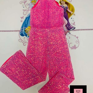 Hot pink sparkly jumpsuit Pageant outfit Girls sequins jumpsuit Fuchsia fun fashion girls jumpsuit Custom pageant party glitter romper