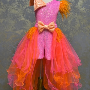 Orange hotpink sparkly jumpsuit skirt Pageant runway outfit Girls sequins romper ferhers fun fashion wear Custom unique party sparkly romper