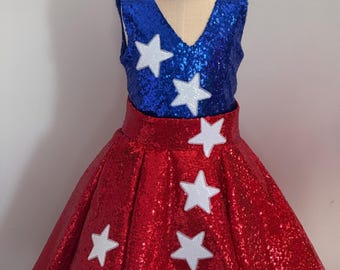 Red White Blue Patriotic outfit Pageant girls unique sequins patriotic wear Custom pageant RWB amazing fluffy Red White Blue sparkly dress
