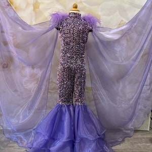 Purple Violet sparkly jumpsuit Pageant outfit Girls sequins organza Fun fashion girls jumpsuit Custom pageant party glitter fluffy wear