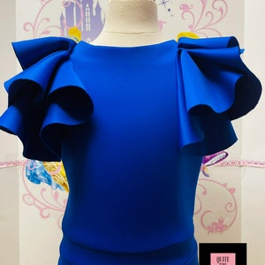 Royal blue interview outfit Pageant ruffle outfit Girls neoprene jumpsuit Royal blue casual girls jumpsuit Custom pageant scuba girls romper