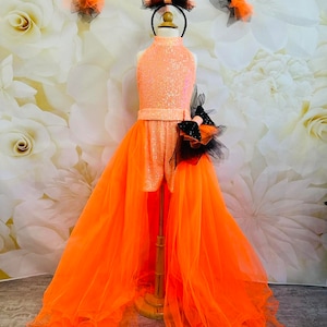 Orange sparkly jumpsuit skirt Pageant runway outfit Girls sequins romper Orange fun fashion girls wear Custom pageant party sparkly romper