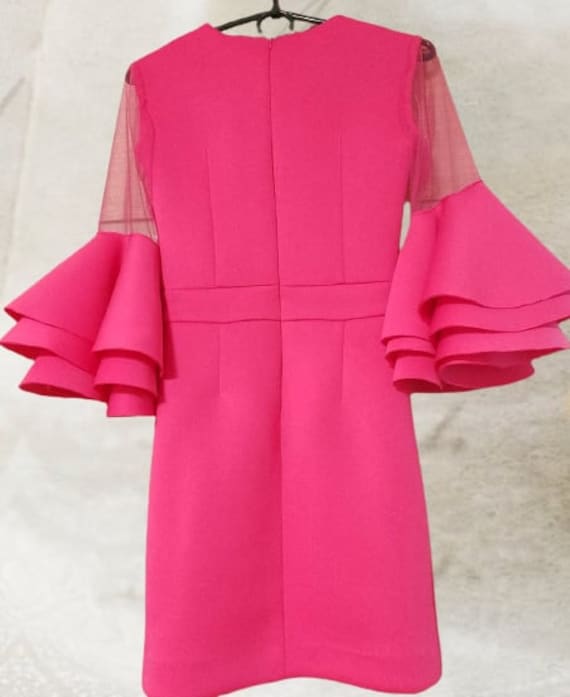 Hot pink interview Pageant dress Girls neoprene fluffy sleeves dress Casual scuba pink Girls outfit Custom sleeves mesh ruffles dress