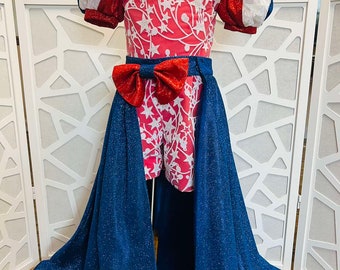 Red White Blue wear with cape Pageant Fun Fashion girls glitter patriotic outfit Custom pageant romper with skirt Sparkly RWB girls outfit