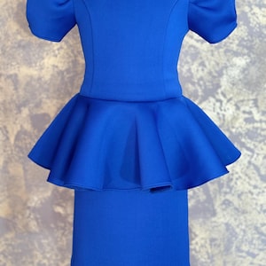Blue interview Pageant dress with peplum Girls scuba sleeves 2 pieces outfit Neoprene scuba blue girls outfit Custom pageant royal blue suit