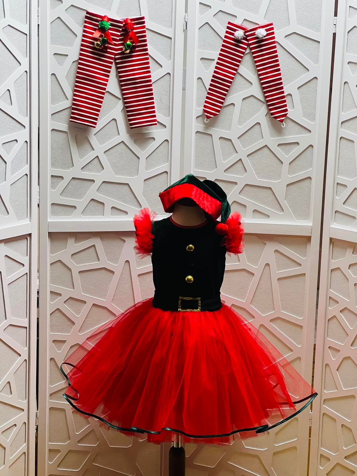 Christmas Elf Outfit with Bells Christmas Elf Dress Pageant Red Green Girls Dress Birthday Party Holiday Christmas Ooc Fun Fashion Dress