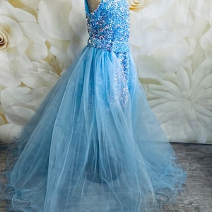 Fun Fashion Sequins light Blue girls outfit Pageant runway Pageant outfit with train Custom baby blue sparkly romper jumpsuit tulle skirt