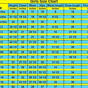 May include: A Girls Size Chart with measurements in inches for height, chest, waist, hips, waist length, knee length, and floor length. Sizes range from 6-9 months to Child 18.