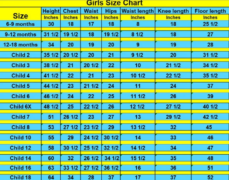 May include: A Girls Size Chart with measurements in inches for height, chest, waist, hips, waist length, knee length, and floor length. Sizes range from 6-9 months to Child 18.