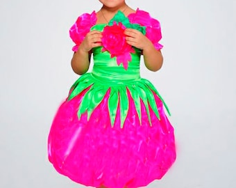 Rose flower outfit Carnival outfit Hot pink Green girls fun Fashion Flowers OOC Party Birthday Holiday dress Baby outfit Toddler pink dress