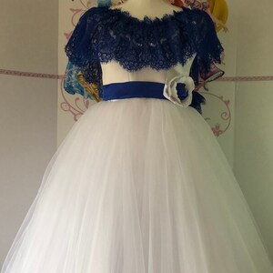 Blue White Pageant Prom Girls Dress Formal Ball Gown Party Birthday Holiday Wedding Girls Dress Pageant Outfit Custom Blue White Lace Dress