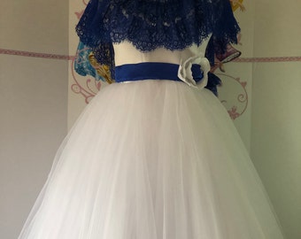 Blue White Pageant Prom Girls Dress Formal Ball Gown Party Birthday Holiday Wedding Girls Dress Pageant Outfit Custom Blue White Lace Dress