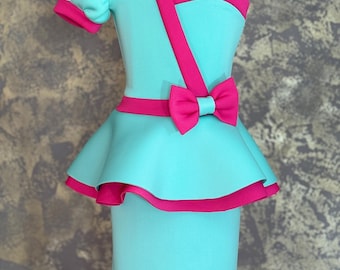 Unique mint hot peplum outfit Pageant Girls neoprene casual wear peplum 2 pieces teal mint girls scuba wear Custom pageant party sleeve suit