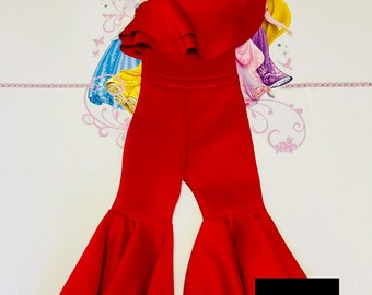 Red interview jumpsuit Pageant ruffles outfit Girls neoprene jumpsuit Red fun fashion girls bell bottom jumpsuit Custom scuba girls romper