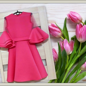 Hot pink interview Pageant dress with belt Girls neoprene fluffy dress Casual scuba pink girls outfit Custom sleeves Cocktail ruffles dress