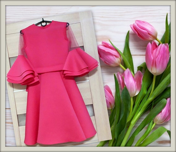hot pink interview dress Two-Piece Pageant-Interview Outfit with Long Sleeves Fuchsia / 0
