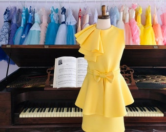 Yellow interview dress Pageant yellow dress with peplum and bow Girls neoprene dress Pageant outfit Yellow custom casual party holiday dress