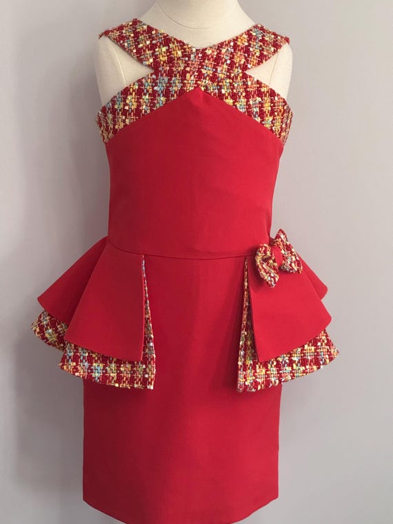 Red Polyester Tweed Dress Pageant Interview Outfit Girls Casual Wear Red Unique Girls Dress Custom Peplum Original Girls Tweed Outfit