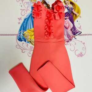 Pink interview jumpsuit Pageant peach outfit with ruffles Girls neoprene were jumpsuit Pink fun fashion Custom Pageant girls jumpsuit romper