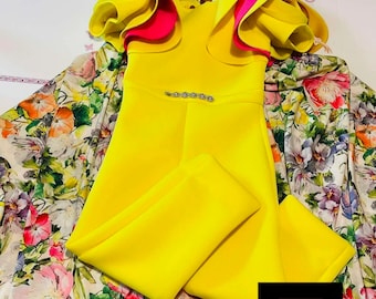 Hot pink Yellow jumpsuit Pageant Fun Fashion girls neoprene scuba outfit with cape Custom pageant girls romper with ruffles flowers cape