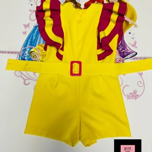 Yellow pink interview jumpsuit Pageant yellow outfit Girls ruffles romper Pink casual girls were Custom pageant girls romper with ruffles