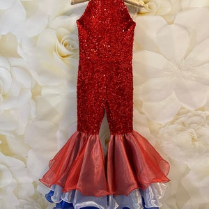 Red White Blue jumpsuit Pageant Fun Fashion girls sequins sparkly patriotic outfit Custom pageant RWB ruffles romper bell bottom wear