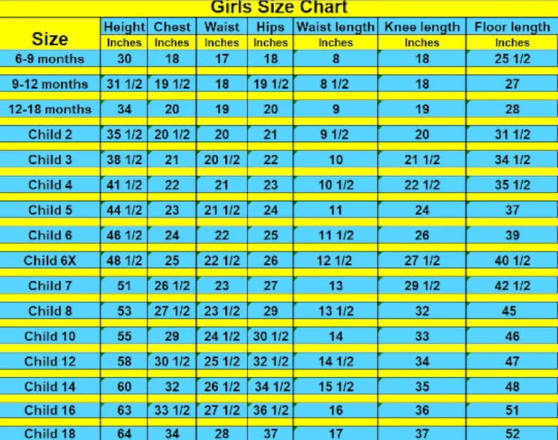 May include: A chart showing girls' clothing sizes in inches. The chart includes measurements for height, chest, waist, hips, waist length, knee length, and floor length. The sizes range from 6-9 months to 18.