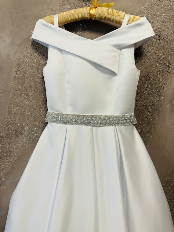 pageant interview dresses White dress with shoulders off girls satin fluffy outfit Custom opening number Cocktail White dress sparkly belt dress 4 Color Pageant Interview Attire | The