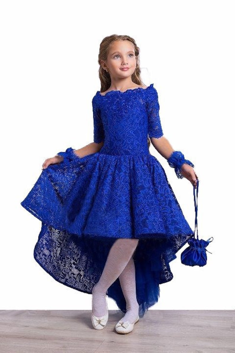 Royal Blue pageant high-low dress Party Wedding Birthday girls dress Pageant outfit Fun fashion dress Lace girls dress Custom Casual dress