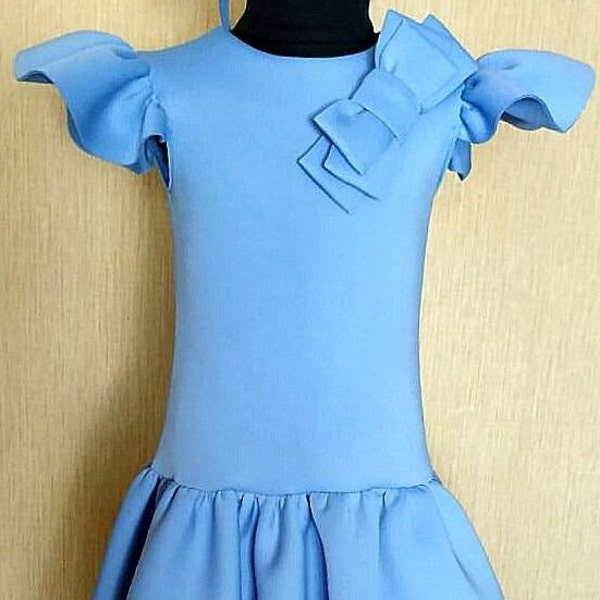 Lichtblauwe interviewjurk Optochtjurk met ruches Neopreen scuba-jurk voor meisjes Optocht casual babyblauwe outfit Aangepaste cocktailjurk met strik