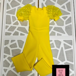 Yellow Pageant Interview girls outfit Bright yellow neoprene jumpsuit Yellow Custom pageant scuba romper Unique Pageant wear with sleeves