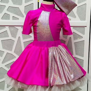 Fun Fashion Hot pink girls outfit Pageant pink runway Pageant outfit with train Custom romper jumpsuit outfit with pink glitter sequins