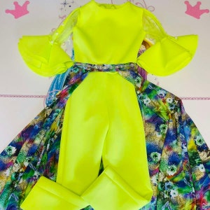 Amarelo Pageant Fun Moda meninas roupa neoprene macacão com multicolorido estampa capa Neon Amarelo Custom pageant meninas macacão com babados