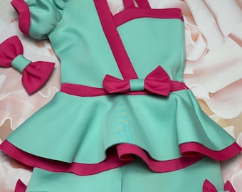 Unique mint hot peplum outfit Pageant Girls neoprene casual wear peplum romper teal mint girls scuba wear Custom pageant party sleeve suit
